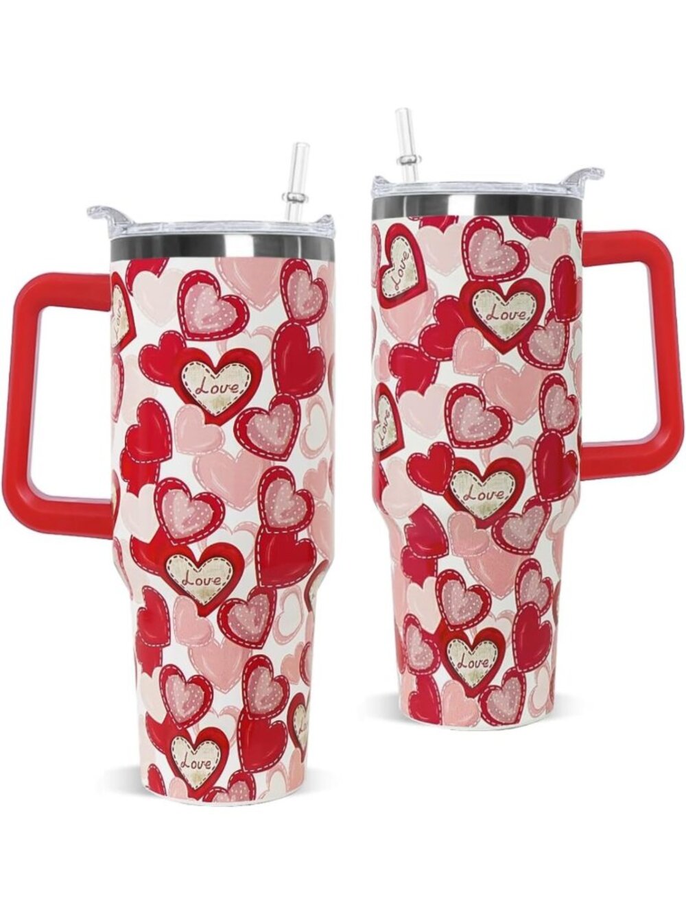 40 oz Red Love Hearts Tumbler with Handle - Insulated Travel Mug for Gifts